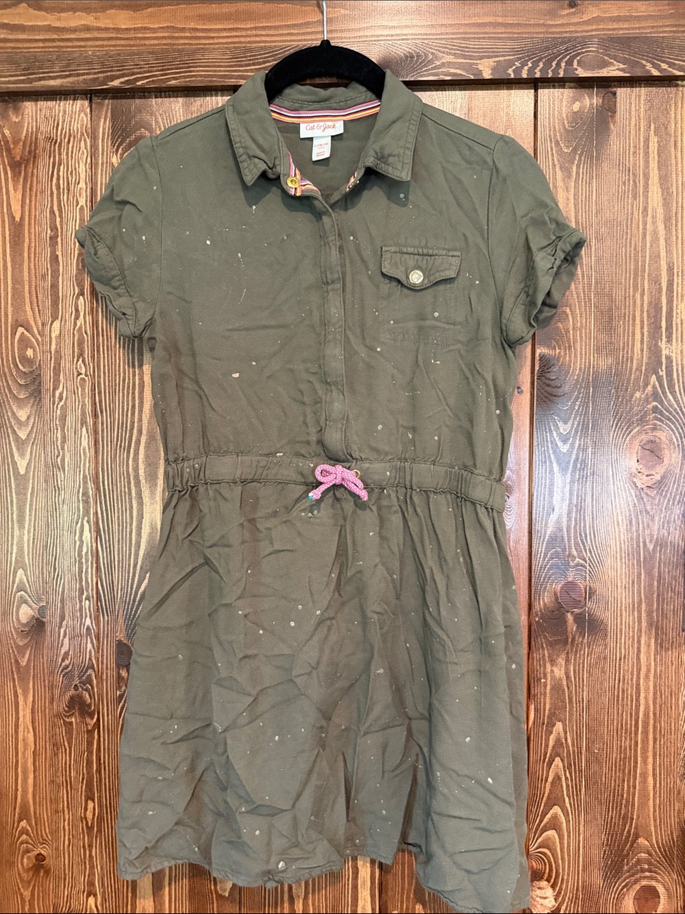 Cat & Jack Olive Green Shirt Dress with Pink Tie